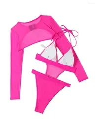 Women's Swimwear Women Two Piece Bikini Swimsuit Set Solid Color Halterneck Bodysuit And Long Sleeve Shrug Beachwear