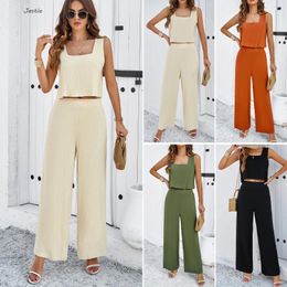 Women's Two Piece Pants 2024 Fashion Summer Casual Suit Solid Colour Sleeveless Vest Tops Loose Wide Leg 2-piece Sets