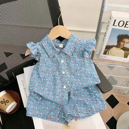 Clothing Sets Summer Fashion Floral Print Denim Shirt Two-piece Set Children's Cute All-match Elastic Waist Shorts Girl Petal Sleeve Top