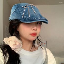 Berets Spring And Summer Niche Star Bow Decoration Denim Forward Hat Children Sweet Face Small Flat Top Casual Sunshade Painter Cap