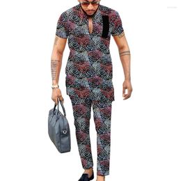 Ethnic Clothing African Fashion Men's V-Neck Tops Trousers Block Wax Colorful Print Male Pant Suits Wedding Party Garment