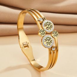 Bangle Tree Of Life Inlaid With Zircon Open Wide Stainless Steel Hollow Three-layer Men Gold Plated Spring Buckle Cuff Bracelets