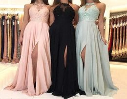 2019 Elegant Halter Chiffon Long Bridesmaid Dresses Lace Applique Split Wedding Guest party Dress Maid Of Honour Dresses7114565