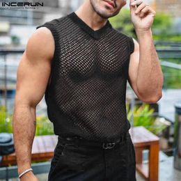 Men's Tank Tops INCERUN Men Solid Color Mesh Sleeveless V Neck Sexy Male Vests Streetwear Transparent 2024 Fashion Clothing S-2XL