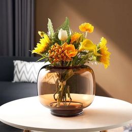 Simple and Modern Round Large Mouth Vase Transparent Flowers Arrangement Living Room Dining Table Glass Thickening Ornaments 240429