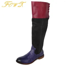 Boots Retro Multicolor Patchwork Women Knee-High Low Heels Round Toe Lace Up Winter Long Booties Mature Zipper Size 15 16 Shoes