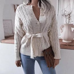 Women's Knits 2024 Korean Version Of The Twist Buttoned Waist Knitted Cardigan Sweater Thick Short Jacket With Belt