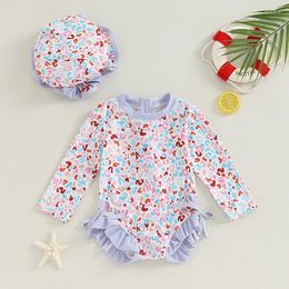 Women's Swimwear 6M-3T Little Girl Fashion Bikini Beach Swimsuit Long Sleeved Flower/Pattern Printed Flower With Hat