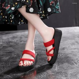 Slippers Summer High Heel Cross Belt Wedge Sandals Flip Flops Women's Beach Shoes Home Black Purple Red Blue