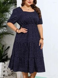 Plus Size Dresses Summer Midi Dress Women Polka Dot Print Fashion Ruffle Ladies Loose Pleated Casual Woman Square Collar