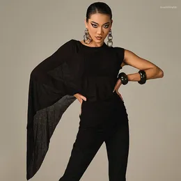 Stage Wear 2024 Irregular Latin Dance Tops Women Black Mesh One-Sleeved Blouse Adult Rumba Ballroom Performance Clothes DNV19891