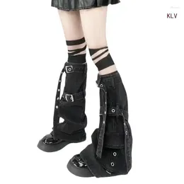 Women Socks Punk Cargo Denims Leg Warmer With Metal Buckled And Pockets Harajuku Boot Cover Knee Highs Flared Stockings For