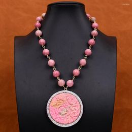 Pendant Necklaces GG 18'' Natural Faceted Round Rhodonite Rhodochrosite Bead Necklace Pink Yanyuan Agate Carved Flower CZ Paved