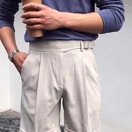 Men's Shorts 2024 Summer Streetwear Straight Trousers Fashion Solid Color Mid Waist Buckle Pant Leisure Men Clothing Pocket Slim Fit