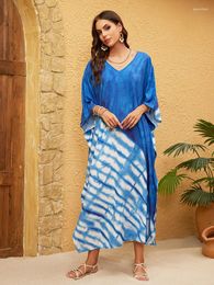 Caftans For Women Swimsuit Cover Up Sliky Loungewear Blue Print Kaftan Dress Beach V Neck Maxi Robe Plage Pareo Tunic