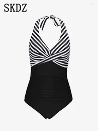 Women's Swimwear Summer Black And White Stripe Wire Free One Pieces Swimsuit Sexy Hanging Neck Strap Pleated Slim Fitting