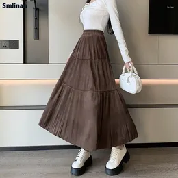 Skirts Autumn Winter Corduroy Pleated Women Elegant Streetwear Simple A-line Long Skirt Woman Vintage High Waist Office