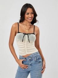 Women's Tanks Womens Y2K Sheer Mesh Tank Tops Color Block Ruched Cami Shirts Spaghetti Strap Lace Camisoles See Through Crop