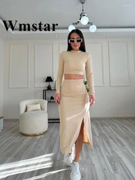 Work Dresses Wmstar Women Two Piece Set Striped Solid Colour Fashion Long Sleeve Slim Business Office Crop Tops Split Skirt Suits