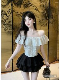 Work Dresses Iyundo Korean Chic Summer Two Piece Skirt Sets Elegant Slash Neck Slim White Shirt A Line Black Mini Outfit