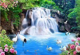 scenery wallpaper Crane Peony waterfall water scenery wall paper1371531