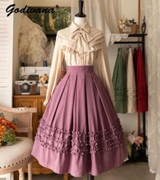 Women's Blouses Bowknot Shirt Original Design Ladies Elegant Ruffled Long Sleeve Inner Wear Blouse And A Line Skirt Spring Autumn