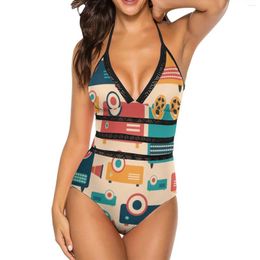 Women's Swimwear Retro Projectors Sexy Mesh Patchwork One-Piece Swimsuit Female Monokini Bathing Suit Tv Video Audio