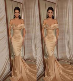 Elegant Arabic Dubai Sparkly Sexy Champagne Mermaid Evening Dresses Off Shoulder Satin Beaded Court Train Formal Prom Gowns Custom9078525