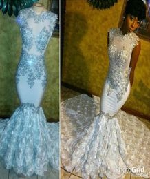 Shining Beading Floral White Mermaid Prom Dresses Jewel Neck Sleeveless Appliques Black Girls Pageant Dresses Formal Evening Gowns8809816