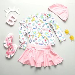 Women's Swimwear Summer Swimsuit Pink Printed Children's Long-sleeved Girls Splited Sun Protection Cute Baby