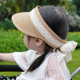 Caps Hats Summer Kids Empty Top Sun Hat Wide Brim Straw Hats For Children Girls Lace Bowknot Adjustable Visor Caps