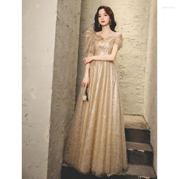 Party Dresses Gold Beaded Lace Prom 2024 Elegant V-Neck Floor-Length A-Line Women Formal Occasion For Evening