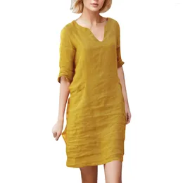 Casual Dresses Women's Cotton And Linen Summer V Neck Solid Color Half Sleeve Dress Elegant Ladies Loose Blouses Tops Robe