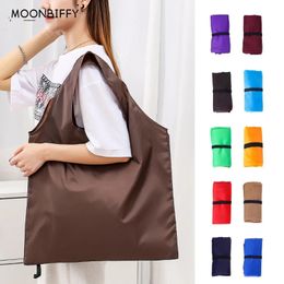 Solid Color Foldable Shopping Bag Reusable Travel Grocery EcoFriendly One Shoulder Handbag for Supermarket Tote 240430