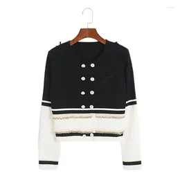 Women's Knits Double Breasted Chain Cardigan Coats Black White Patchwork Beading Buckle Long Sleeve Knitted Sweater 2024 Spring