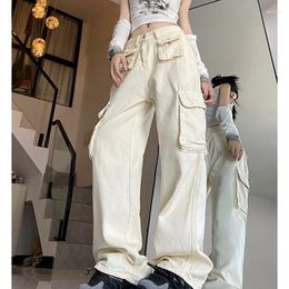 Women's Jeans White Casual Cargo Wide Leg Pocket Straight High Waist Pants Vintage Street Baggy Denim Trouser Female Summer