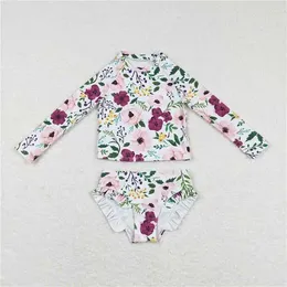 Clothing Sets Western Fashion Pink And Purple Floral White Long-sleeved Swimsuit Suit Baby Girls Set Wholesale Children Clothes RTS