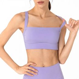 Padded sports bra with high support square neck shock absorber open back bra womens running yoga vest gym crop vest 240430