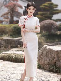 Ethnic Clothing Sexy Chiffon Qipao Women Mandarin Collar Chinese Traditional Dress Short Sleeve Elegant Lace Cheongsam