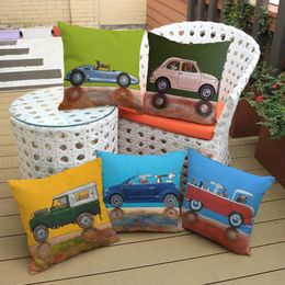 Pillow Cartoon Old Car And The Funny Dog Driver Dalmatian Pattern Case Cute Puppy Home Sofa Decorative Cover 45x45cm