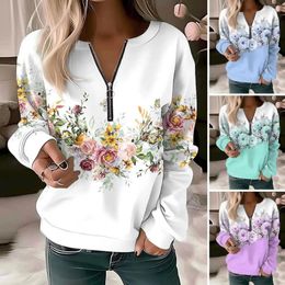 Women's Hoodies Floral Print Sweatshirt V Neck For Women Long Sleeve Pullover With Zipper Detail Soft Thick Top Blouse