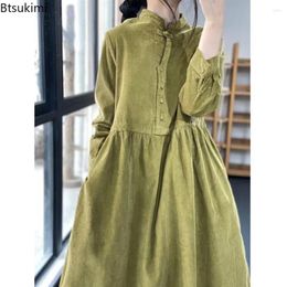 Casual Dresses Spring Women's Loose Corduroy Mid-length Dress Fashion Solid Stand Collar Long Sleeve Midi Vintage Robe Femme