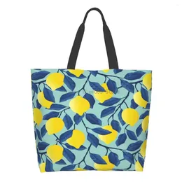 Shopping Bags Women Shoulder Bag Yellow Lemons Leaf Blue Large Capacity Grocery Tote For Ladies