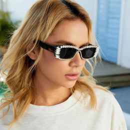 Sunglasses UV400 Protection Diamond-Studded Black Narrow Frame Rectangle Y2K Rhinestone Shades For Women & Men