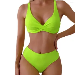 Women's Swimwear Sexy Bikini Set Sling V-Neck Knotted Ribbed Bra High Waist Swimming Trunks Swimsuit Split Summer Beachwear