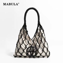 MABULA Cotton Rope Knit Summer Fishing Net Bag for Women Woven Aesthetic Hollow Crochet Beach Purse Big Travel Handbag Shopping 240426