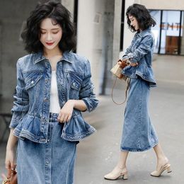 Work Dresses 2024 Spring Fall Fashion Womens Ruffles Blue Denim Jacket Coat Skirt Sets Autumn Two Pieces Set Top And Skirts For Woman