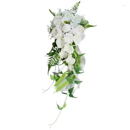 Decorative Flowers Wedding Bridal Bouquet Cascading Waterfall Artificial Callalily White Holding With Greenery Leaves Romantic Church