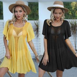 Sexy Knitted Cutout Beach Cover Up Midi Dress Women's Solid Sheer Mesh Tunic Clothing 2024 Summer Dresses