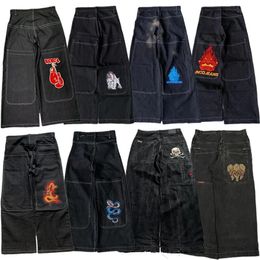 Y2K JNCO high quality Embroidered Hip Hop baggy jeans Tribal Jeans Gothic Streetwear Harajuku Black Pants Waist Wide Leg Trouser 240426